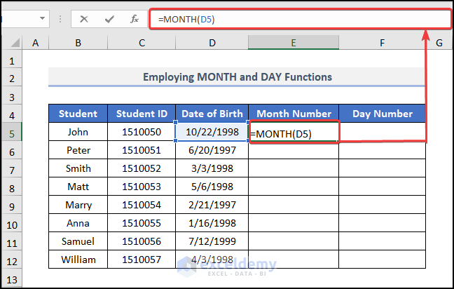 Employing MONTH and DAY Functions to extract month and day from date in excel