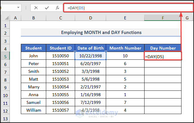 Using MONTH and DAY function to extract month and day from date in excel