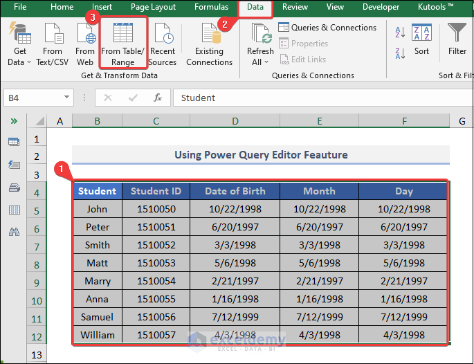 Using Power Query Feature to extract month and day from date in excel