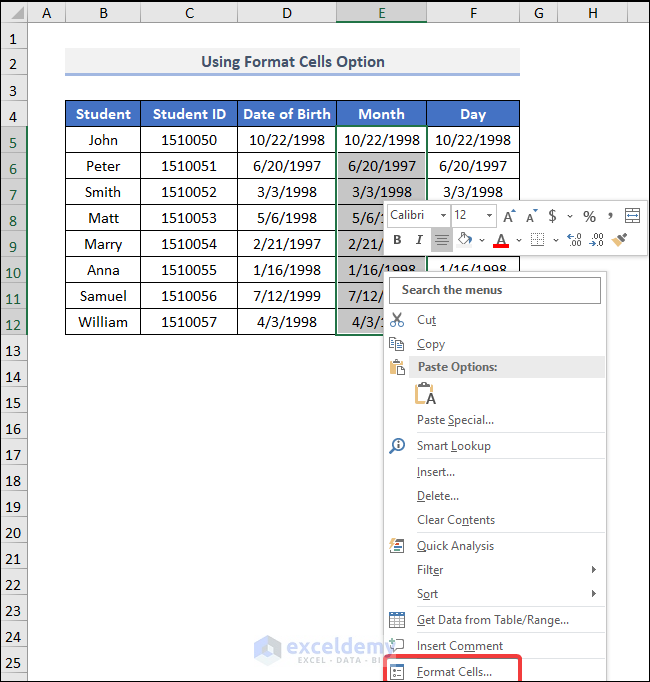 Using the Format Cells Option to Extract Month and Day from Date in Excel