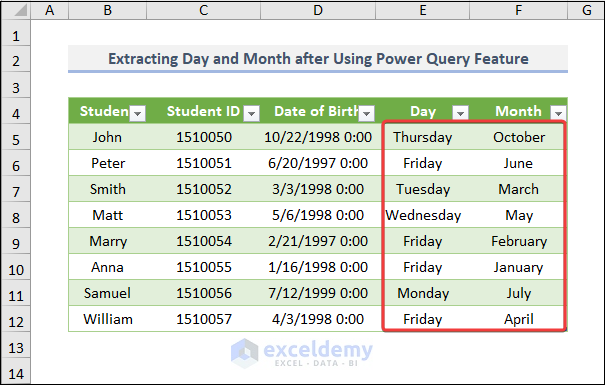Power Query Editor to extract month and day in Excel