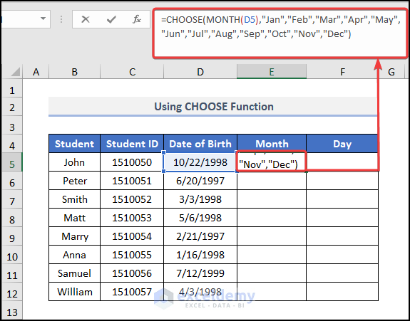 Using the CHOOSE Function to extract month and day from date in Excel