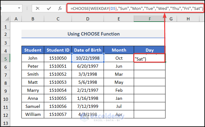 Using the CHOOSE Function to extract month and day from date in excel