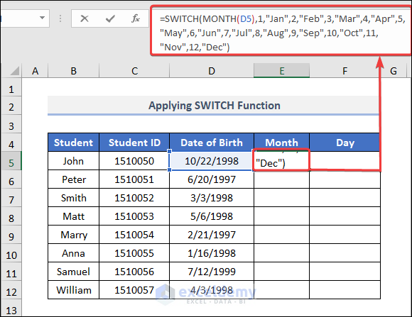 Applying the SWITCH Function to extract month and day from date in Excel