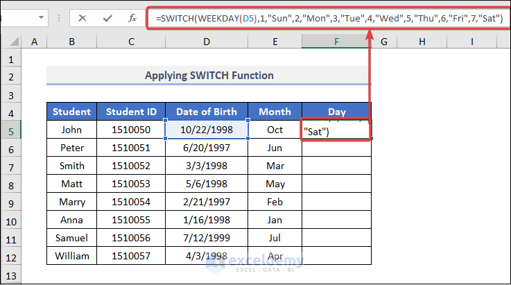 Applying the SWITCH Function to extract month and day in Excel