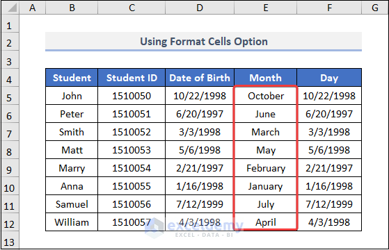 Using the Format Cells Option to Extract Month and Day from Date