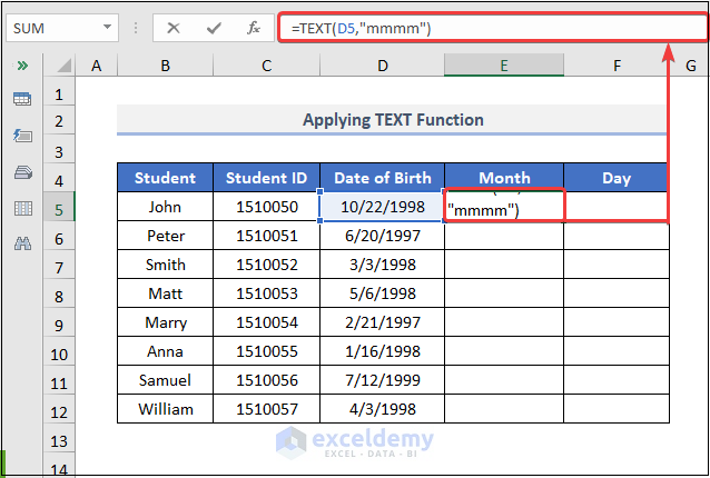 Applying the TEXT Function to extract month and day from date in excel