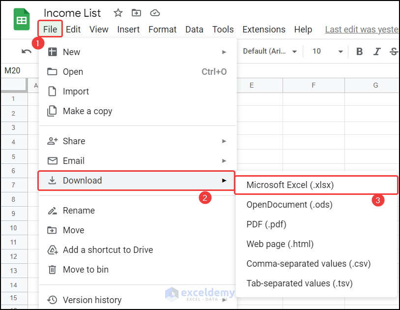 Choosing .xlsx file extension to open Google Sheet file properly in Excel