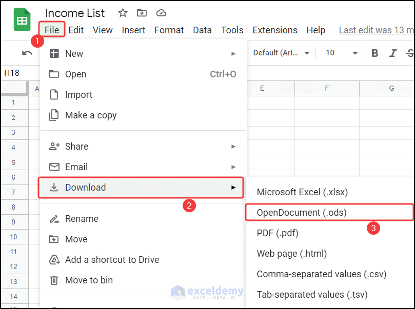 Selecting .ods file extension to open Google Sheet file properly in Excel