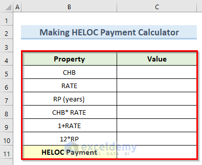 table setup to make a HELOC payment calculator using principal and interest in excel