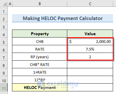 data input to make a HELOC payment calculator using principal and interest in excel
