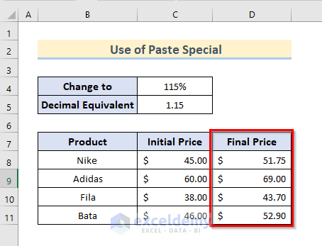 use of paste special method