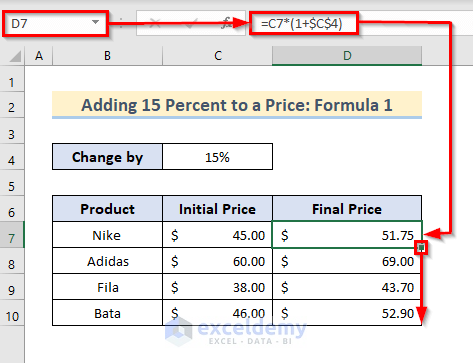 Adding 15% to a price formula 1