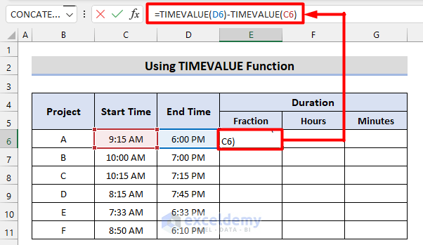 Using TIMEVALUE Function to subtract time in Excel