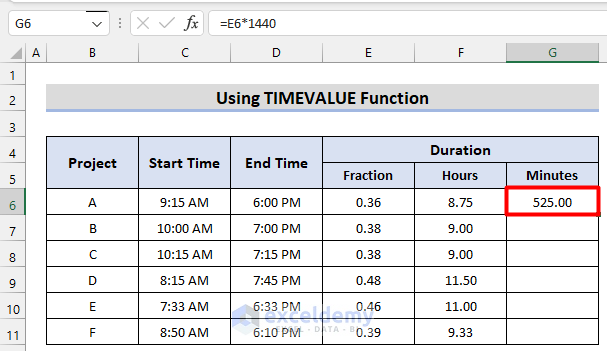 Using TIMEVALUE Function