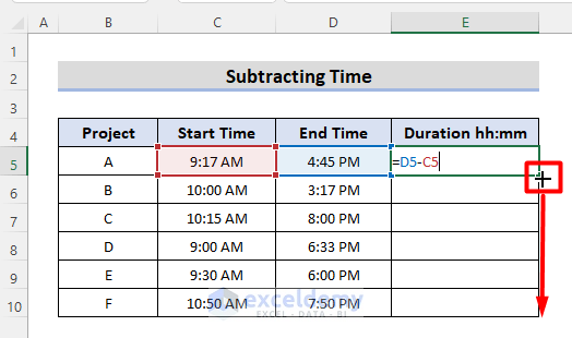 Subtracting time from another time using a simple subtraction formula
