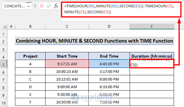 Combining HOUR, MINUTE & SECOND Functions with TIME Function to subtract time in Excel