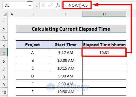 Subtract time and Calculate Current Elapsed Time Using NOW Function