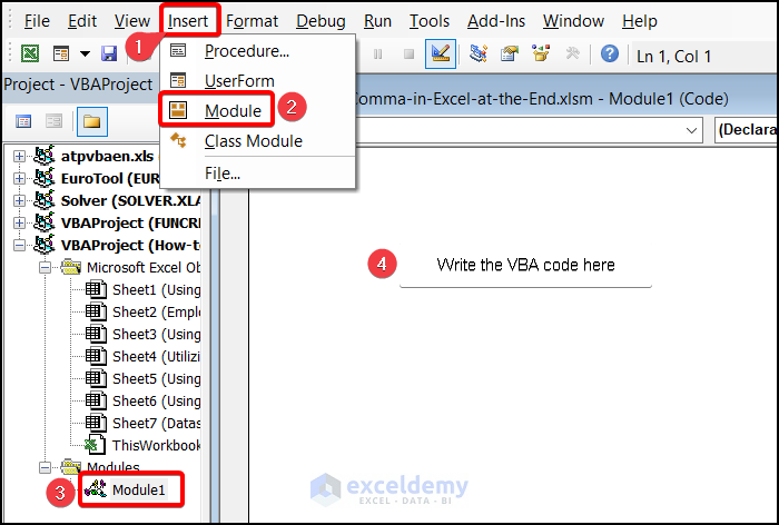 Inserting Module to add comma at the end in Excel