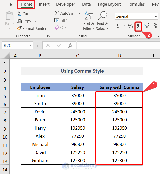 How to Add Comma at the End of Numbers in Excel