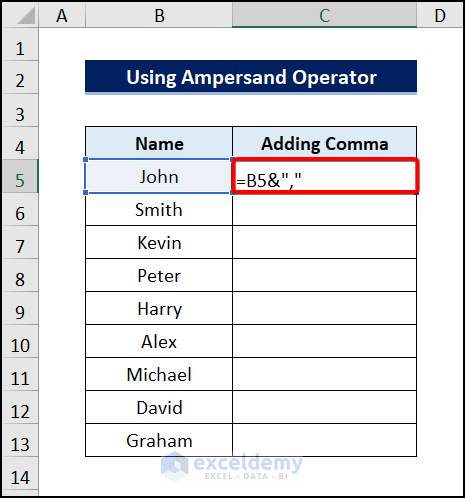 Using the Ampersand (&) Operator to add comma at the end in Excel