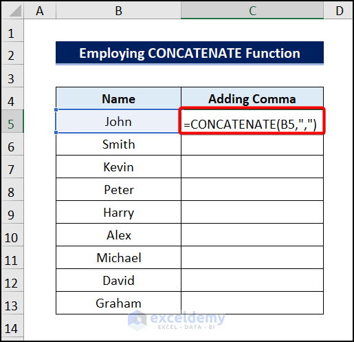 Employing the CONCATENATE Function to add comma at the end in Excel