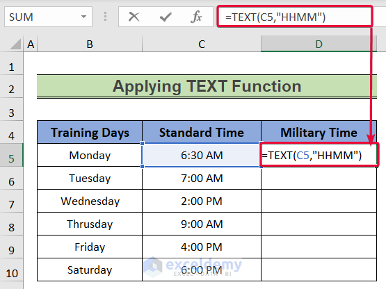 applying text function to add military time in excel