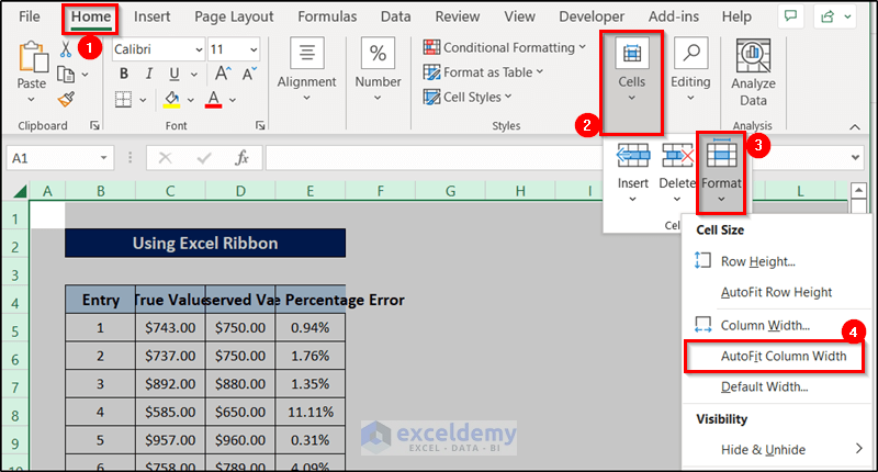 using excel ribbon to autofit all columns in excel