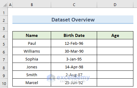 how to calculate age in excel for entire column