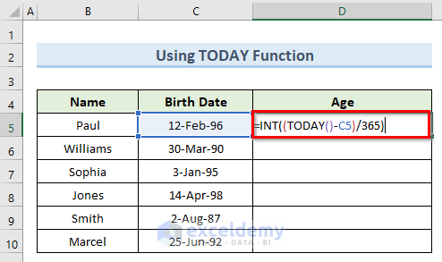 today function to calculate age in excel for entire column