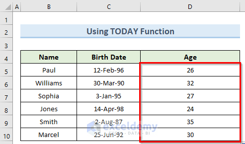 today function to calculate age in excel for entire column