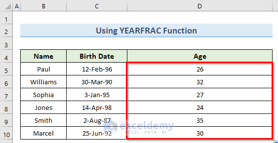 yearfrac function to calculate age in excel for entire column