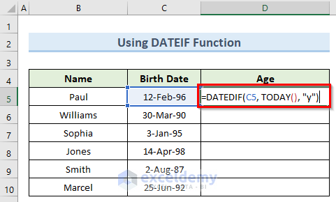 datedif function to calculate age in excel for entire column