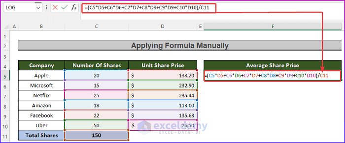typing formula to show how to calculate average share price in excel