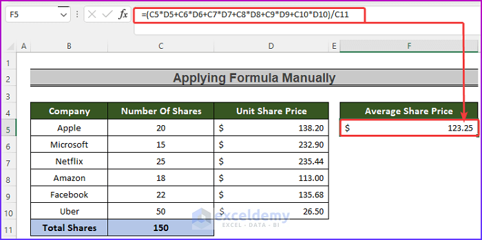 manually applying weighted average formula to show how to calculate average share price in excel