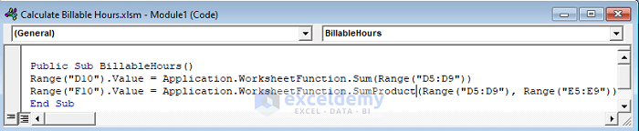vba code to calculate billable hours in excel
