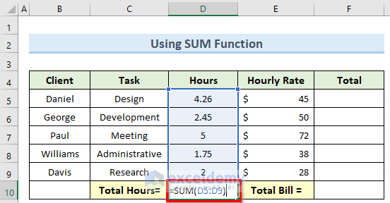 sum function to calculate billable hours in excel