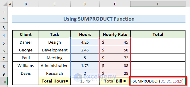 sumproduct function to calculate billable hours in excel