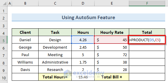 autosum feature to calculate billable hours in excel