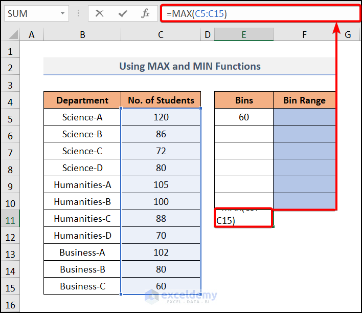 Determine Upper Value to calculate bin range in Excel