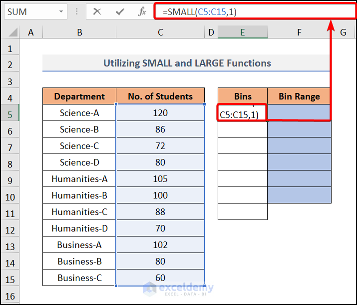 Utilizing LARGE and SMALL Functions to calculate bin range in Excel