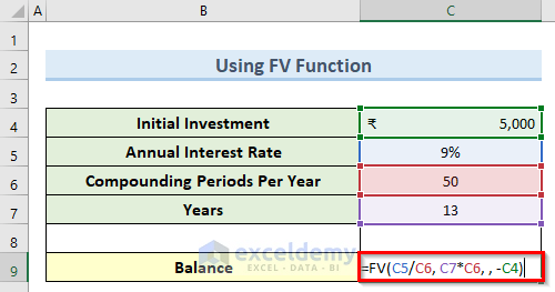 fv function to calculate compound interest in excel in indian rupees