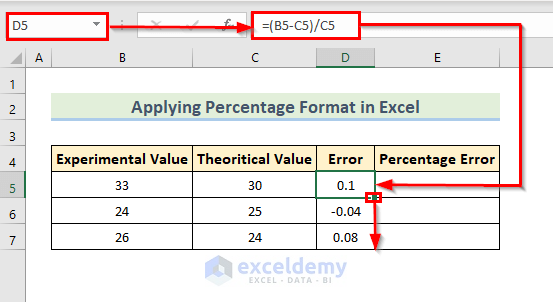 Apply Excel Percentage Format for Error Percentage Calculation