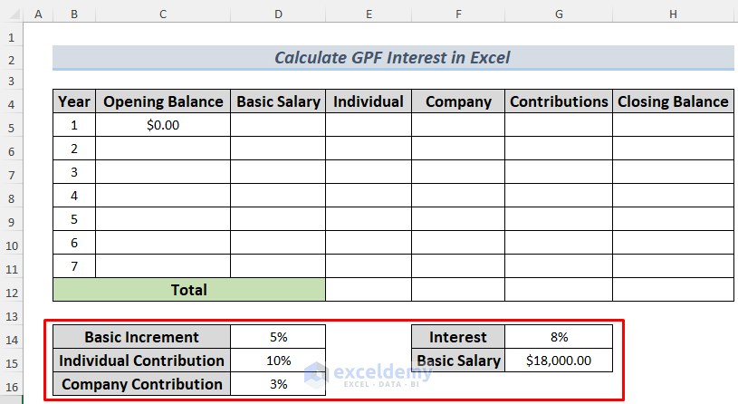 how to calculate gpf interest in excel step 1