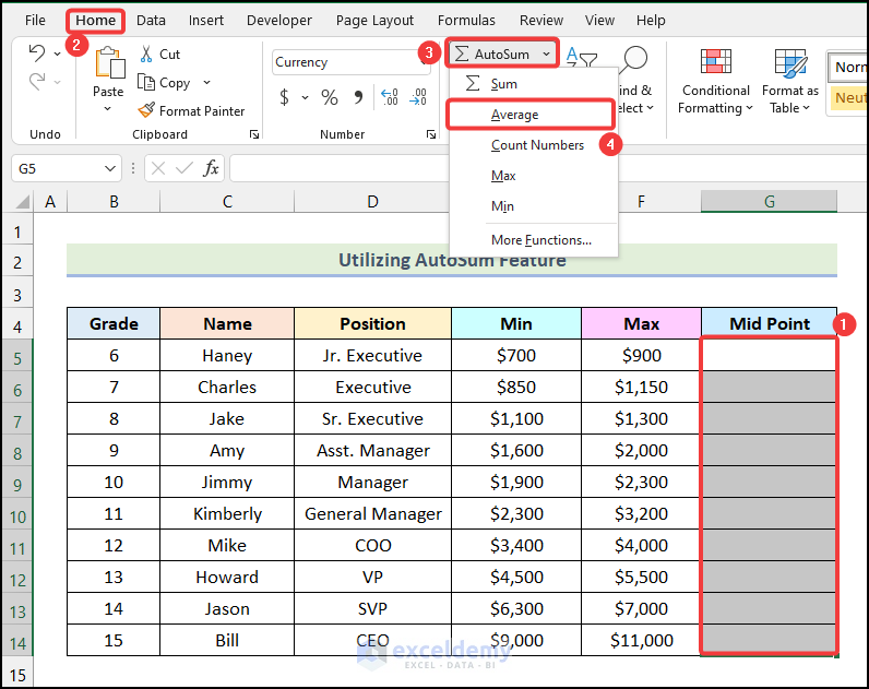 Utilizing AutoSum Feature to calculate midpoint of salary range excel