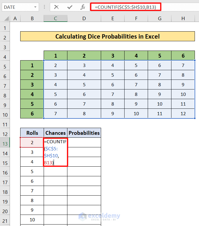 dice Probability of how to calculate probability in excel