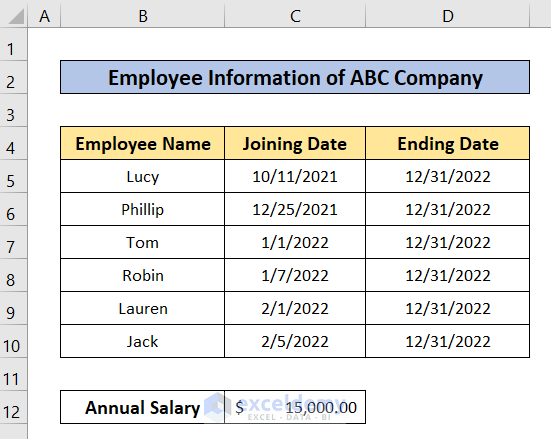 dataset of how to calculate prorated salary in excel