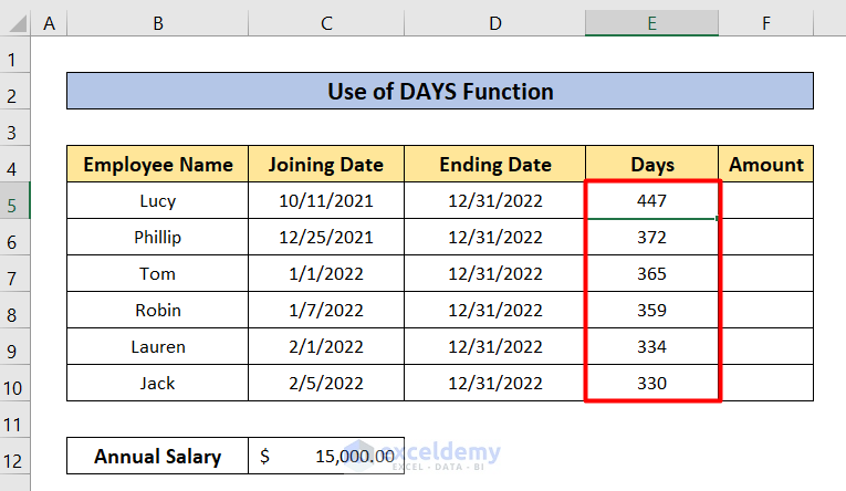 DAYS Function of how to Calculate Prorated Salary in Excel