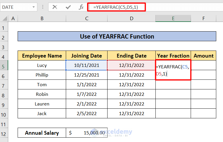 YEARFRAC Function of how to Calculate Prorated Salary in Excel