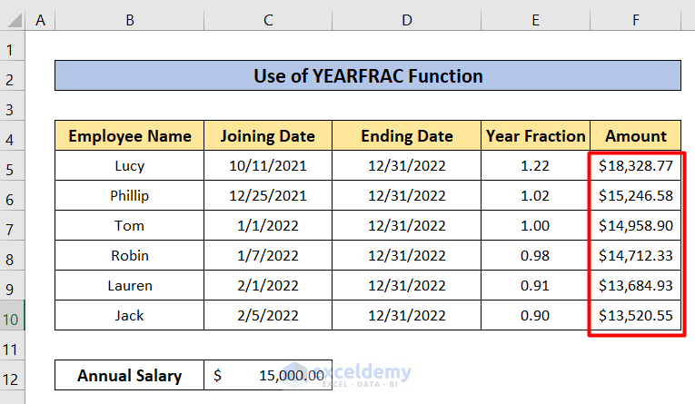 YEARFRAC Function of how to Calculate Prorated Salary in Excel